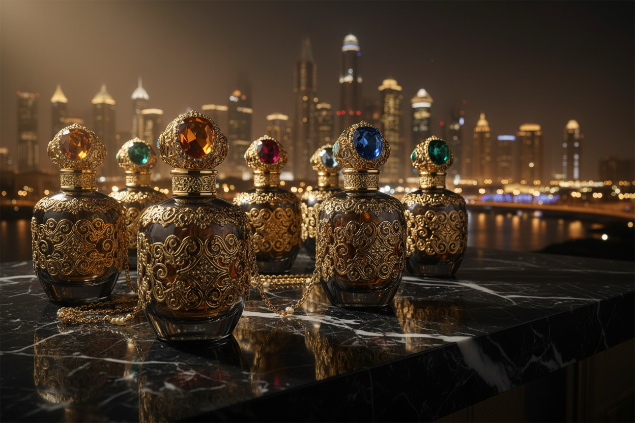 Arabische Parfümflaschen mit Dubai Skyline